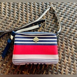 Canvas Crossbody Bag in pretty stripe pattern of red, navy, shell pink